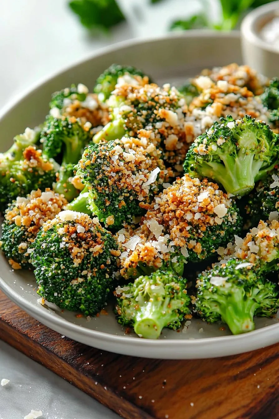 Oven-baked Parmesan Crusted Broccoli with a golden, crispy topping.