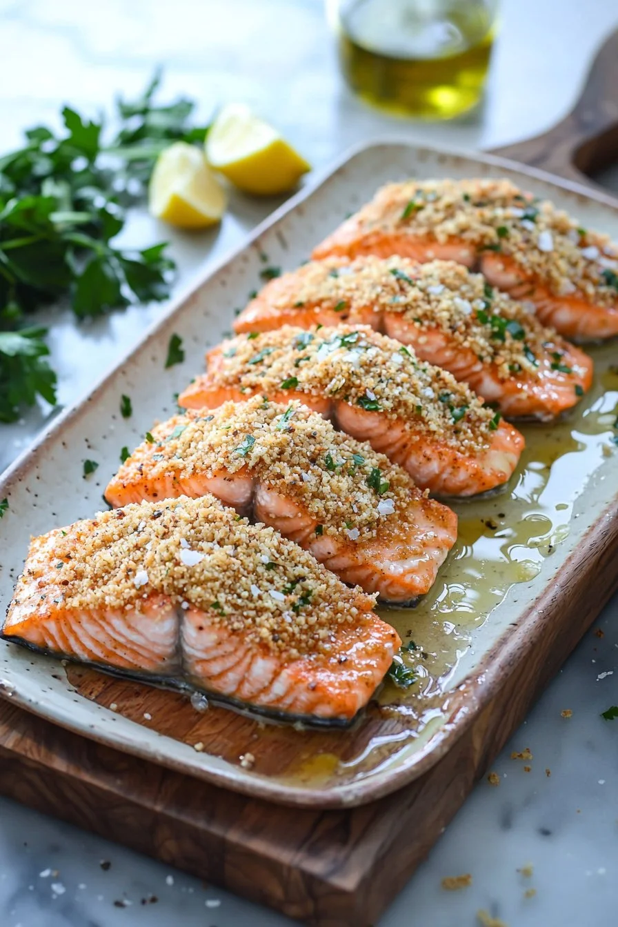 Parmesan Crusted Salmon with herbs and lemon on a plate