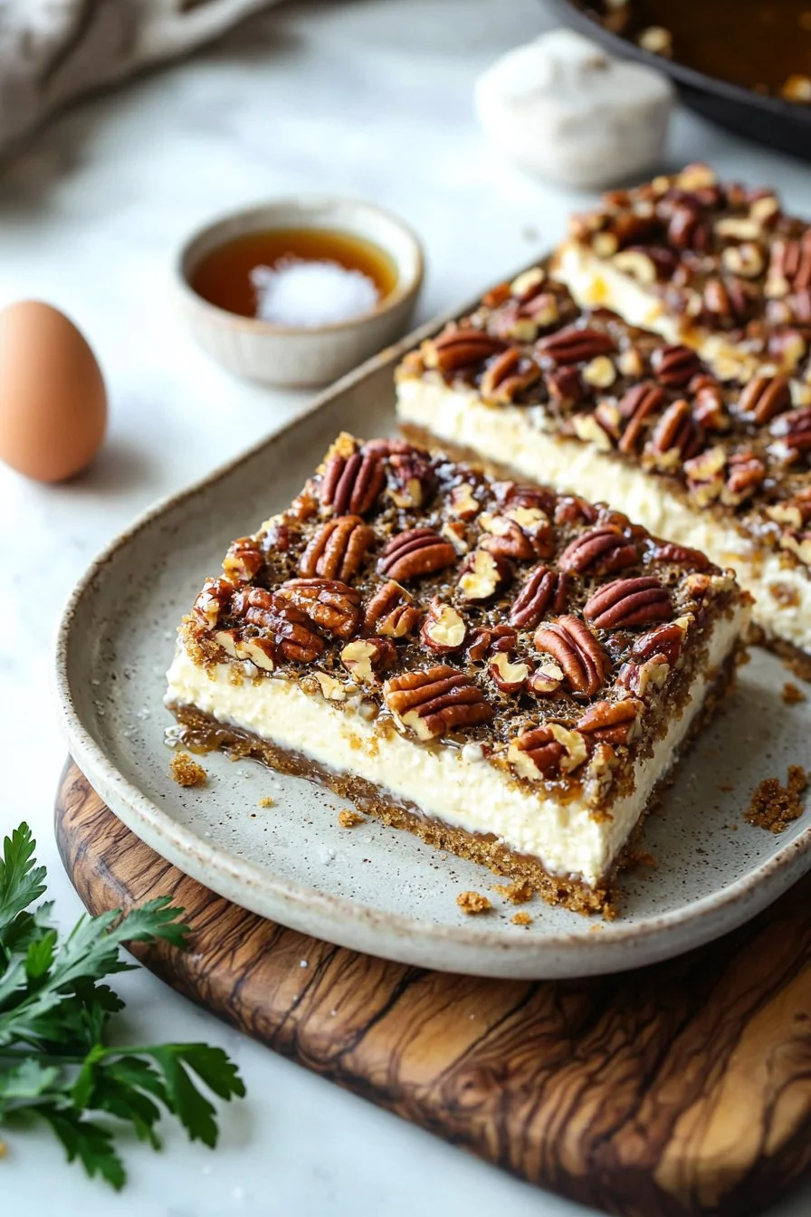 Sliced pecan pie cheesecake bars on a wooden platter garnished with pecans