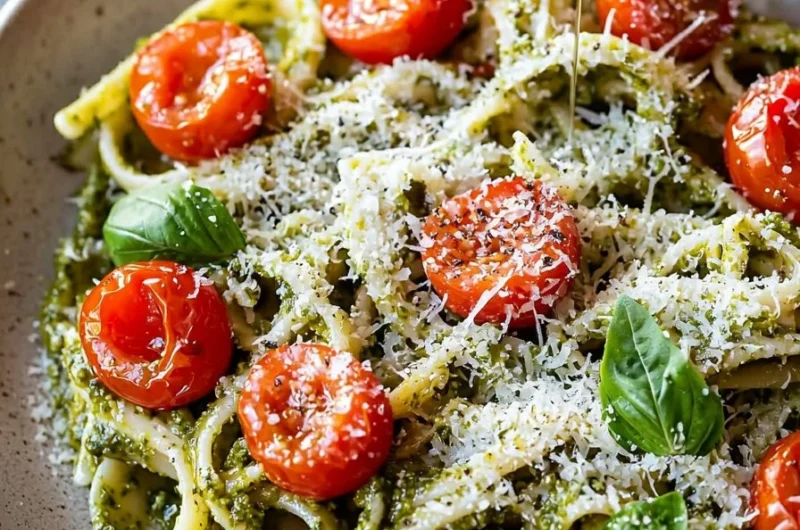 Delicious pesto pasta with cherry tomatoes served in a bowl
