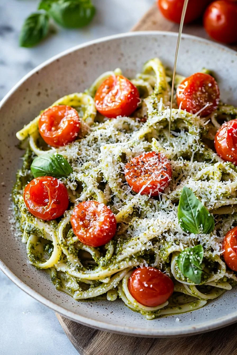 Delicious pesto pasta with cherry tomatoes served in a bowl