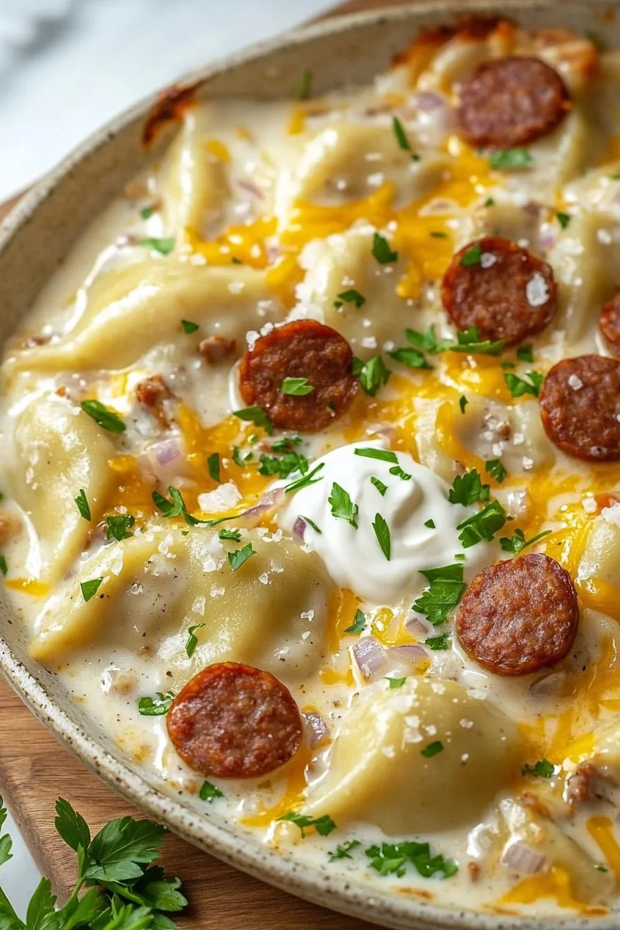 Delicious Pierogi Casserole with sausage served in a baking dish