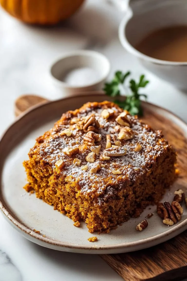 Slice of delicious Pumpkin Coffee Cake with coffee in the background