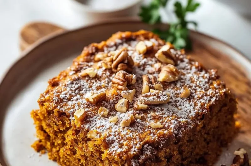 Slice of delicious Pumpkin Coffee Cake with coffee in the background