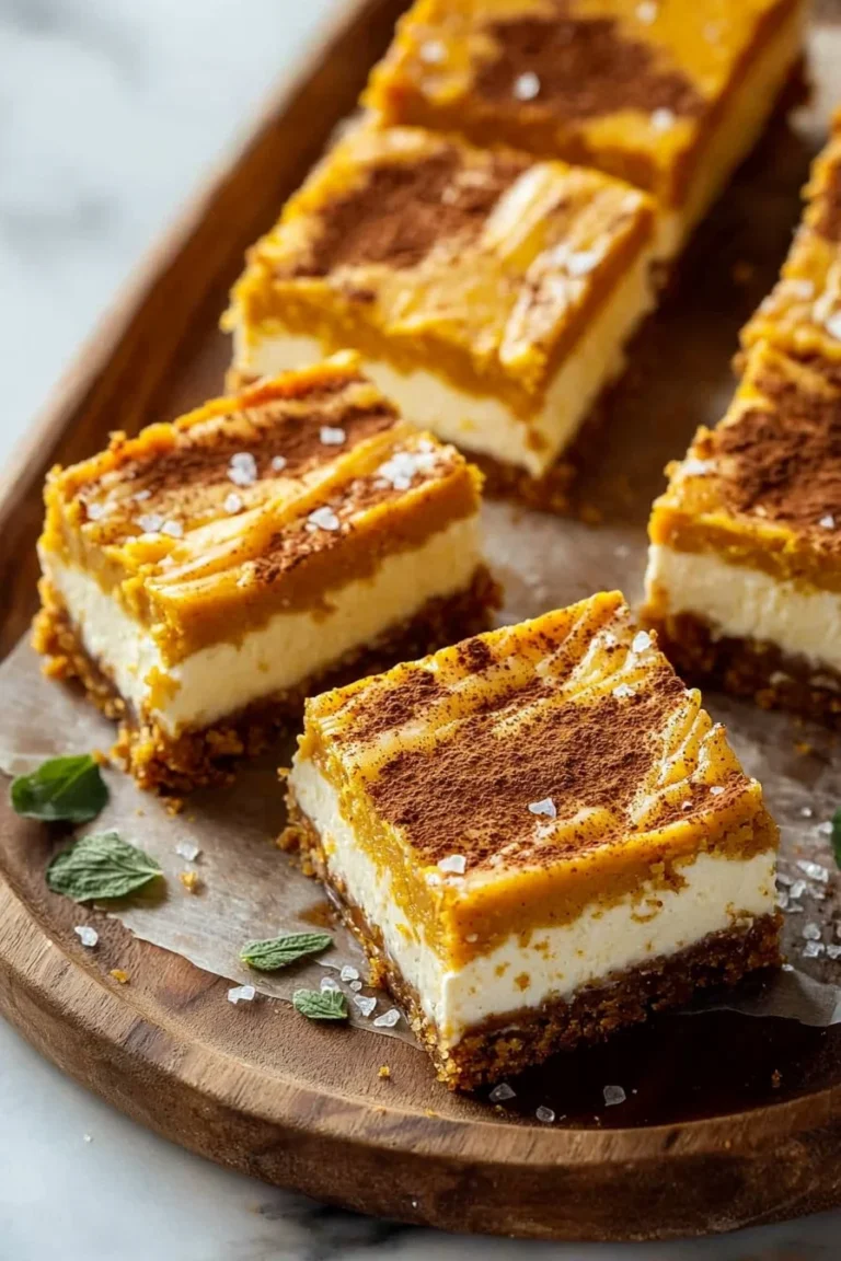 Delicious pumpkin spice cheesecake bars topped with whipped cream and spices