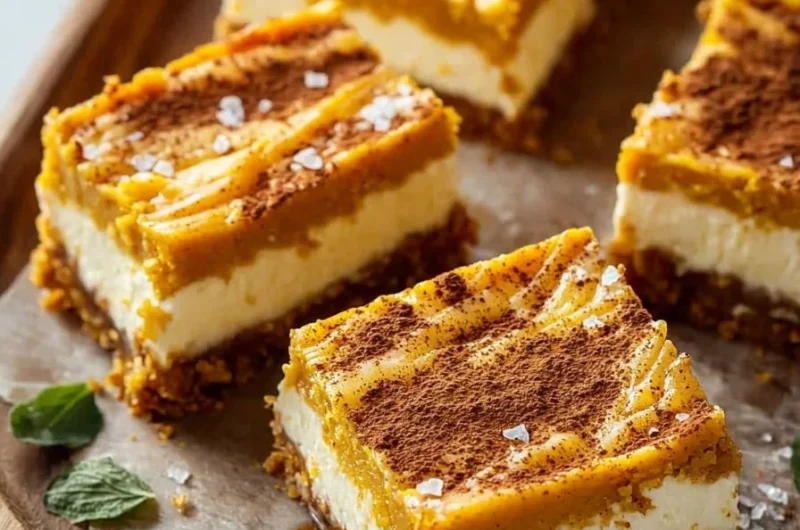 Delicious pumpkin spice cheesecake bars topped with whipped cream and spices