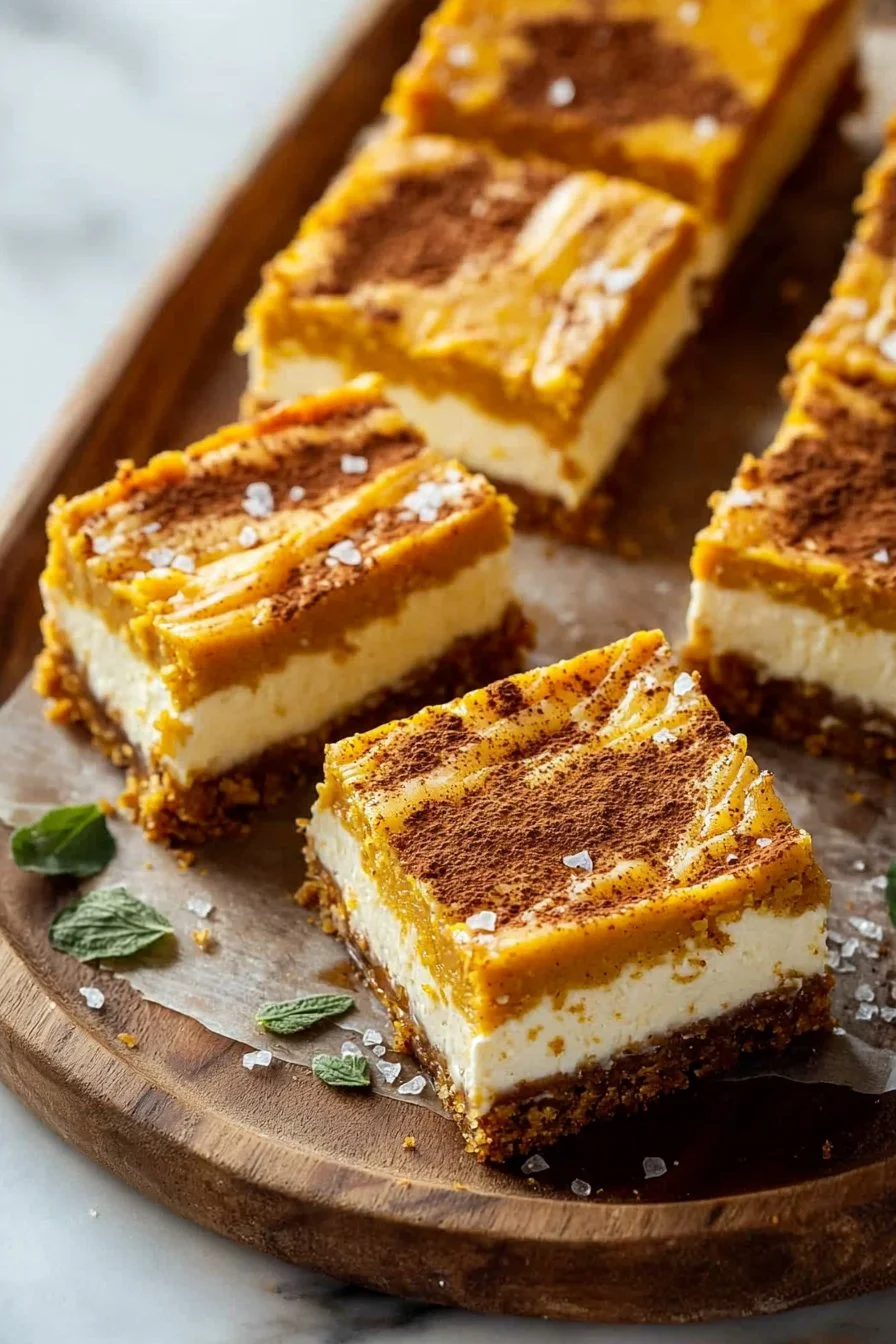 Delicious pumpkin spice cheesecake bars topped with whipped cream and spices