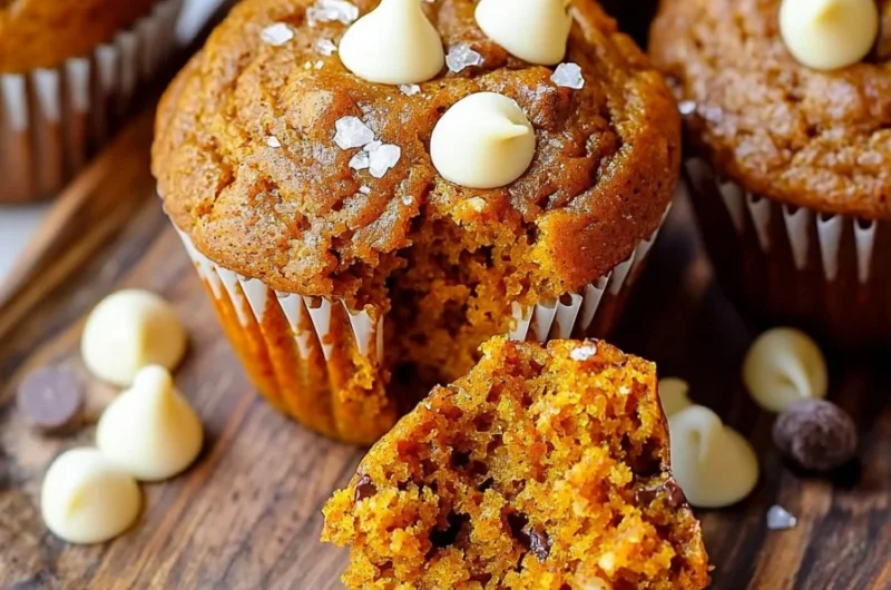 Delicious pumpkin white chocolate chip muffins on a plate