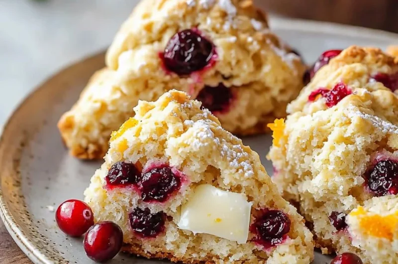 Freshly baked quick cranberry orange scones on a cooling rack