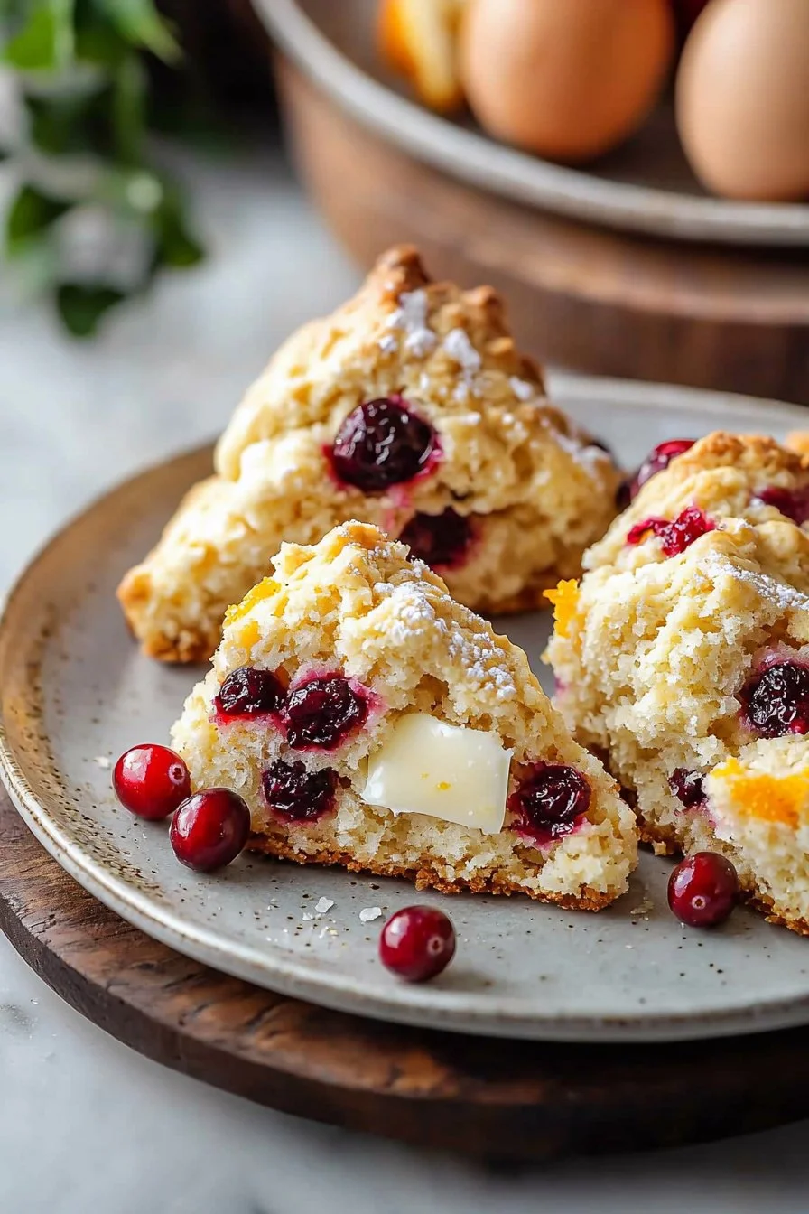 Freshly baked quick cranberry orange scones on a cooling rack