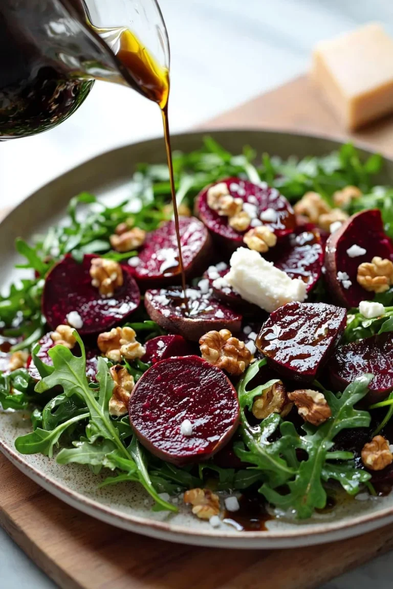 A vibrant roasted beet salad with arugula and colorful toppings