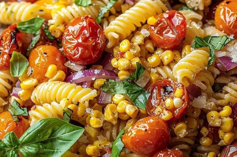 Roasted Corn and Tomato Pasta Salad with vibrant ingredients and dressing