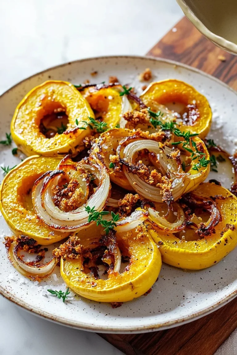 Roasted Delicata Squash with crispy onions garnished on top, served in a bowl.