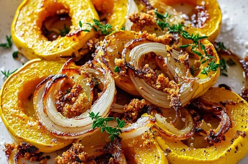 Roasted Delicata Squash with crispy onions garnished on top, served in a bowl.