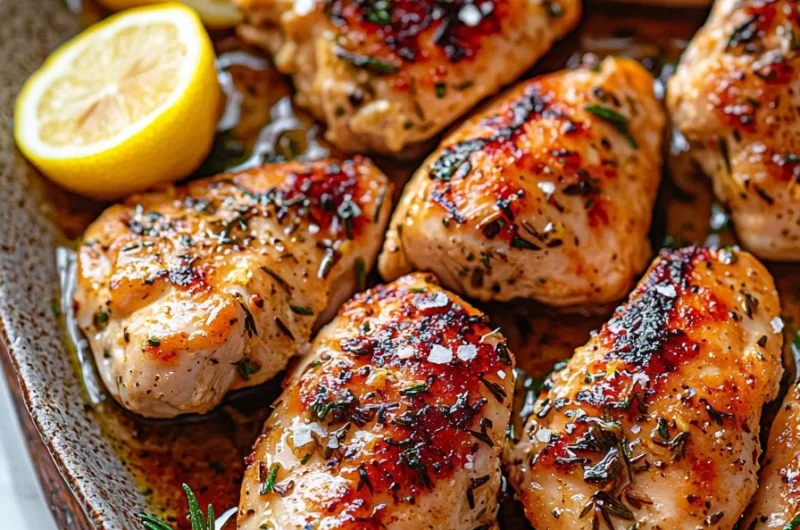 Juicy Rosemary Lemon Garlic Chicken garnished with fresh herbs