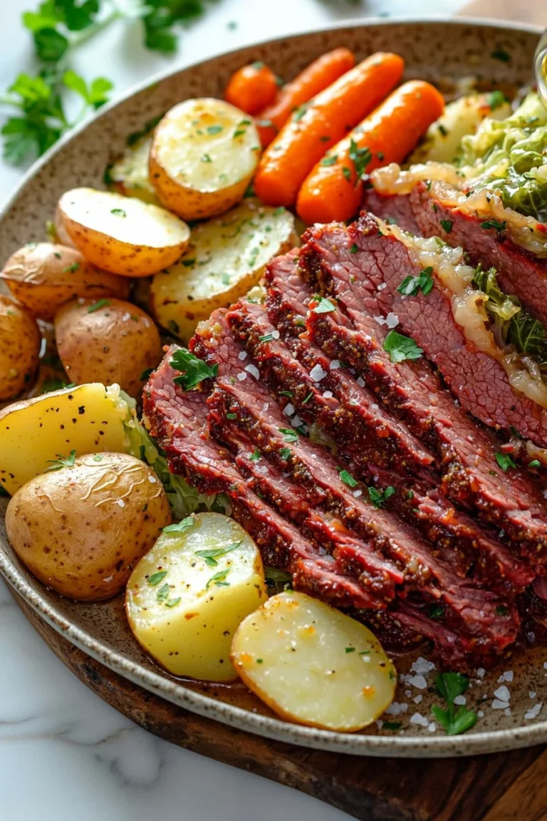 Delicious sheet pan corned beef and cabbage ready to serve