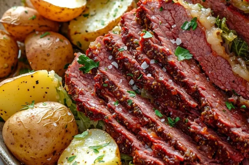 Delicious sheet pan corned beef and cabbage ready to serve