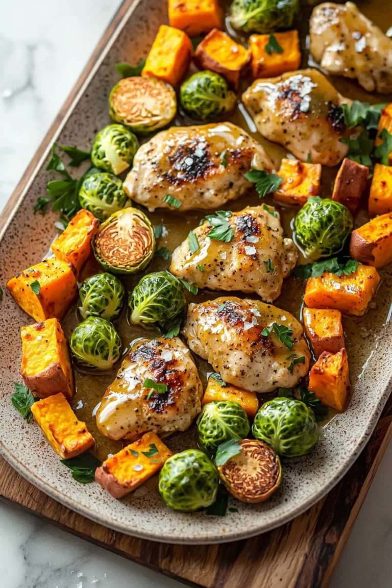 Sheet pan Honey Dijon chicken with roasted sweet potatoes and Brussels sprouts