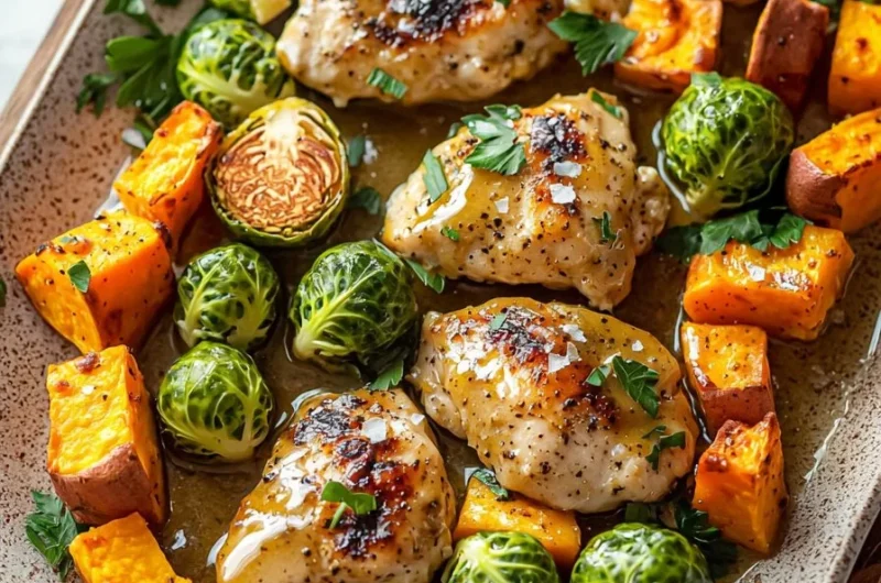 Sheet pan Honey Dijon chicken with roasted sweet potatoes and Brussels sprouts