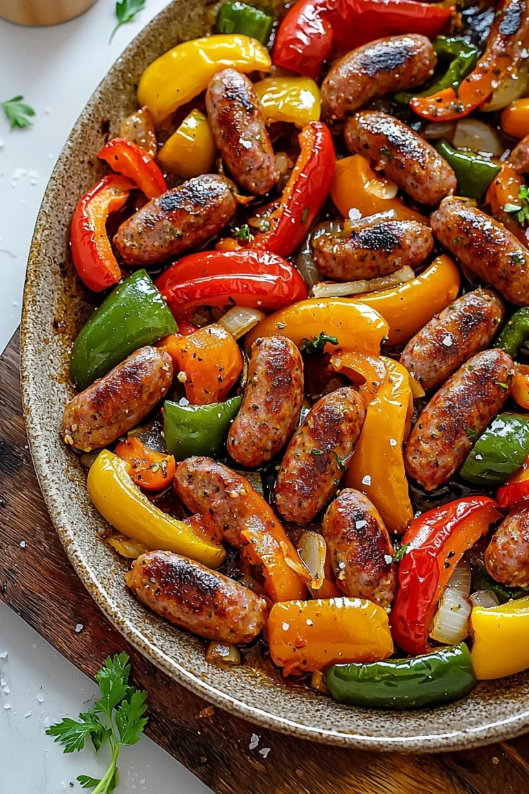 Sheet pan with sausage, peppers, and onions ready to serve