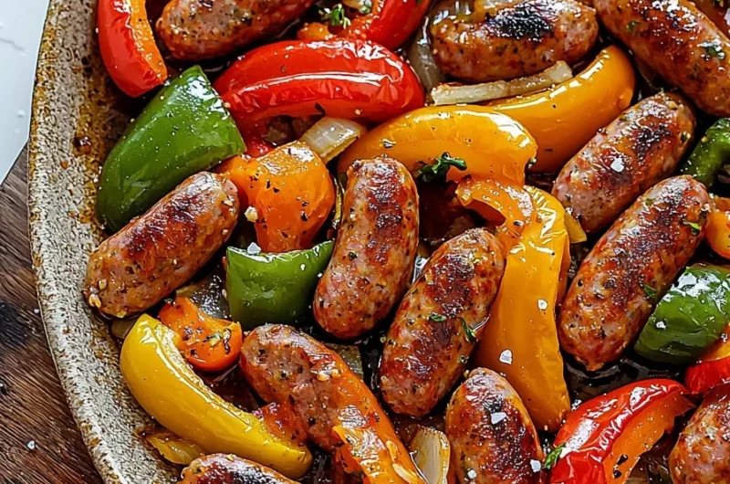 Sheet pan with sausage, peppers, and onions ready to serve