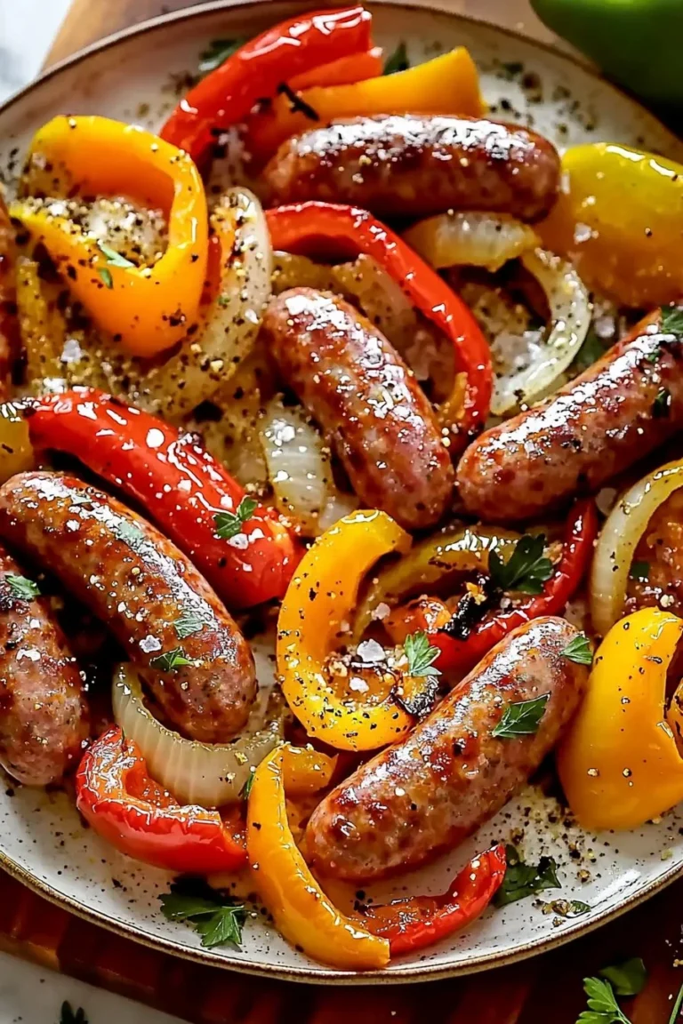 Sheet pan sausage peppers and onions ready to be served