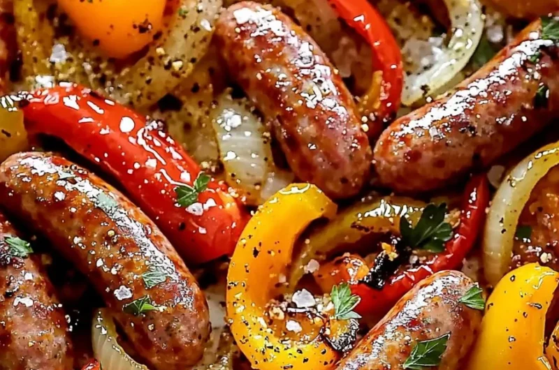 Sheet pan sausage peppers and onions ready to be served