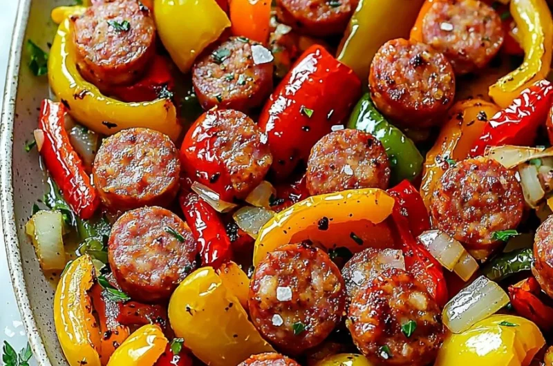 Sheet pan filled with sausage, peppers, and onions ready to be served
