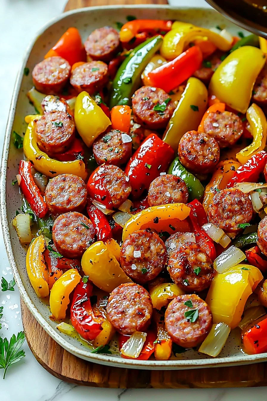 Sheet pan filled with sausage, peppers, and onions ready to be served