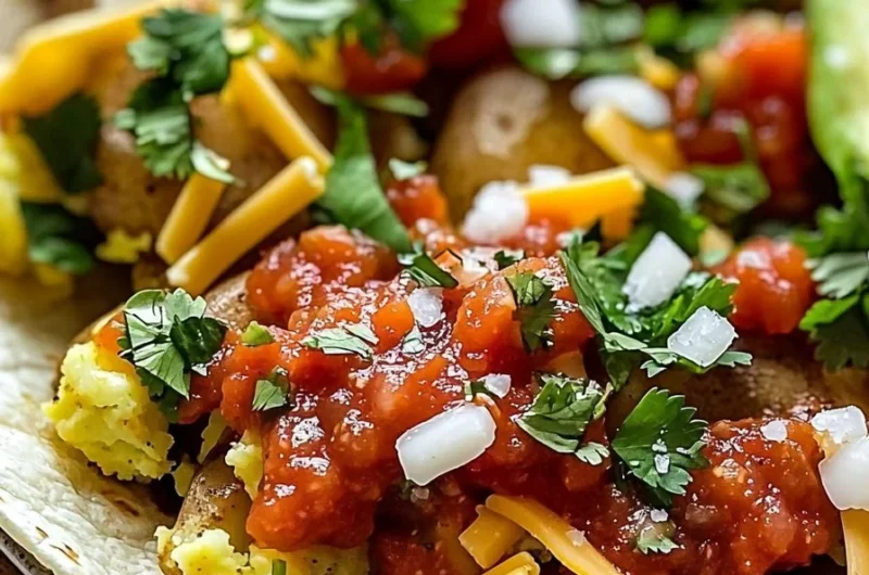 Sheet pan smashed potato tacos topped with fresh ingredients and salsa
