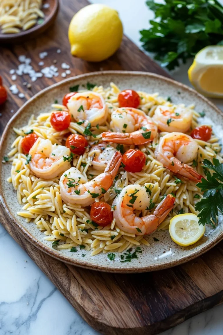 Delicious shrimp orzo dish served with fresh herbs and lemon.