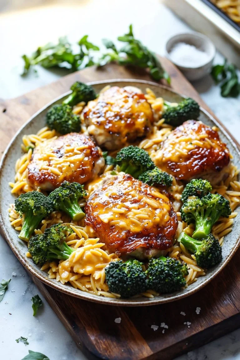 Skillet chicken thighs served with broccoli cheddar orzo in a skillet