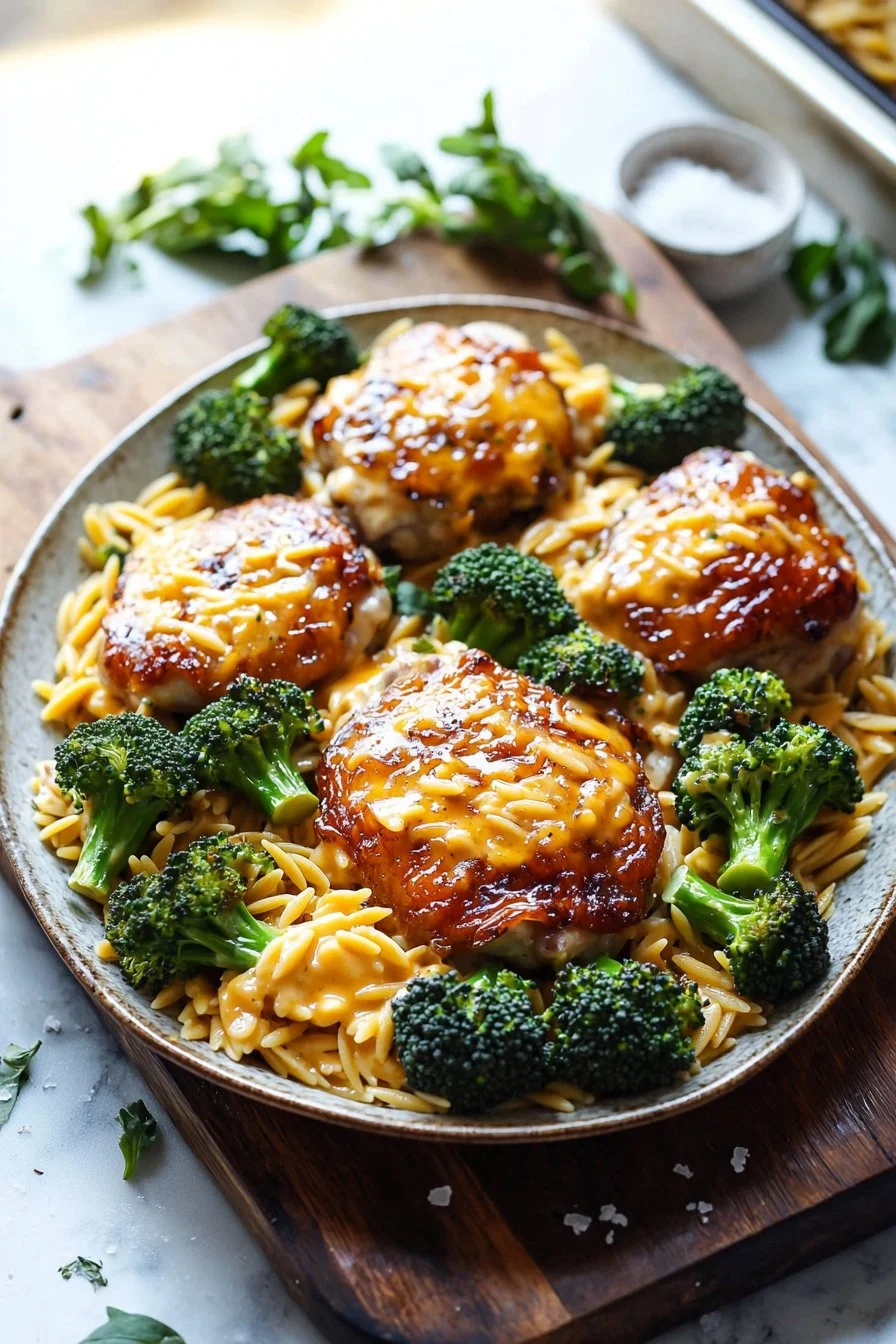 Skillet chicken thighs served with broccoli cheddar orzo in a skillet