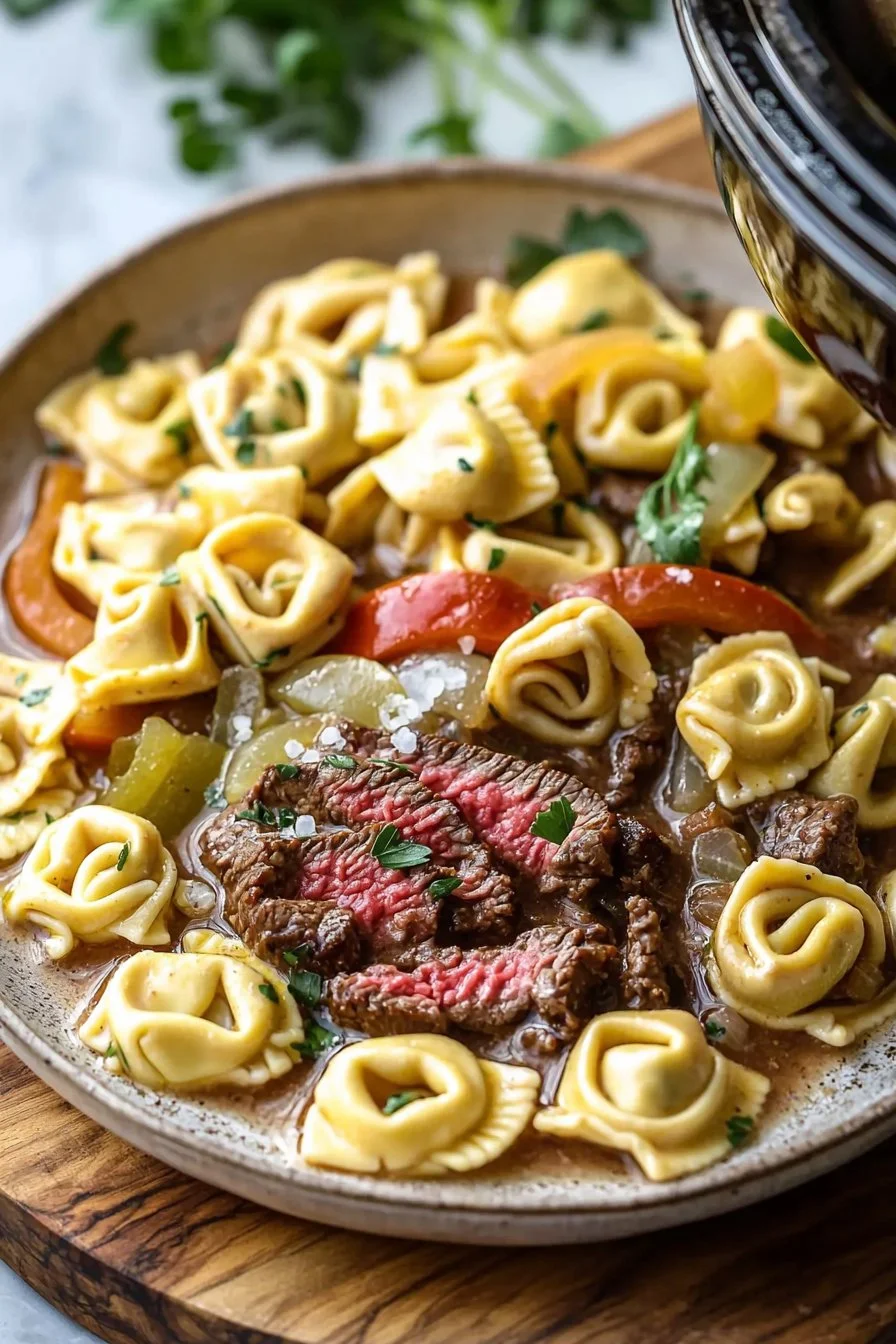 Slow Cooker Cheesesteak Tortellini