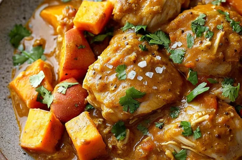 Slow Cooker Chicken and Sweet Potato Curry in a bowl with fresh herbs