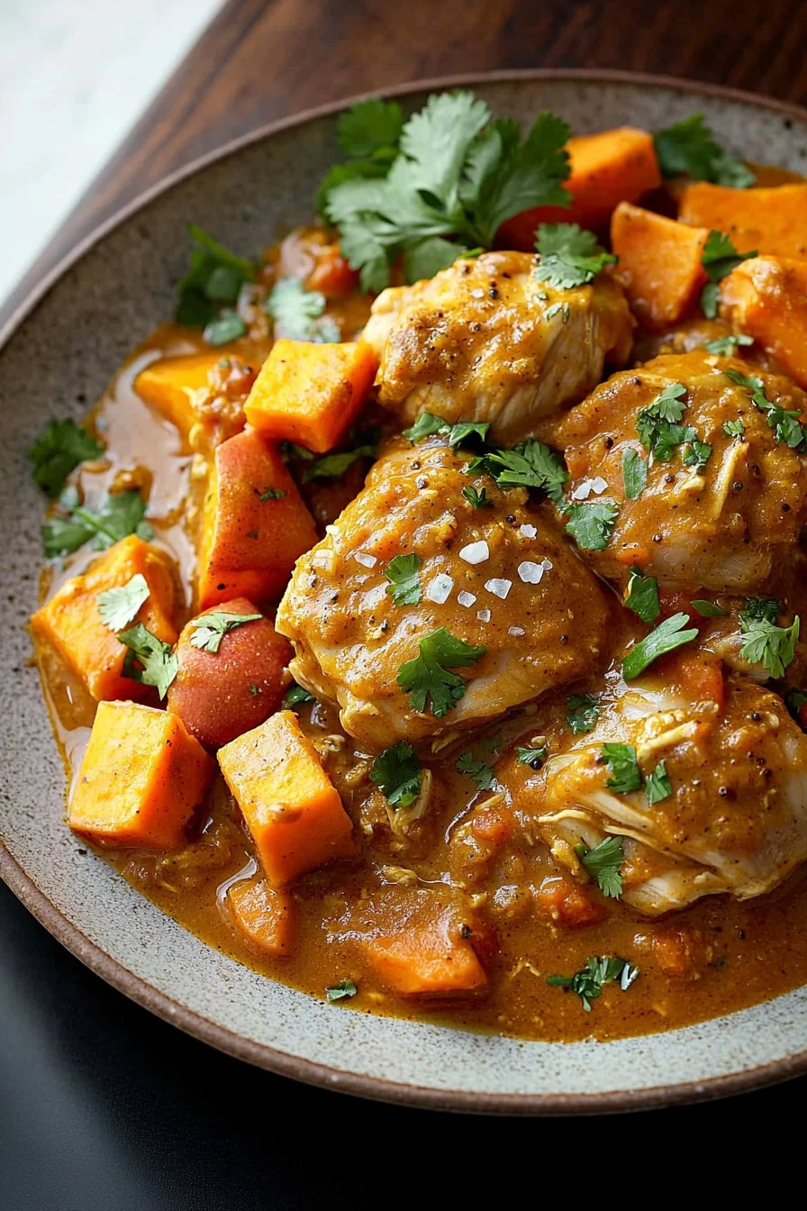 Slow Cooker Chicken and Sweet Potato Curry in a bowl with fresh herbs
