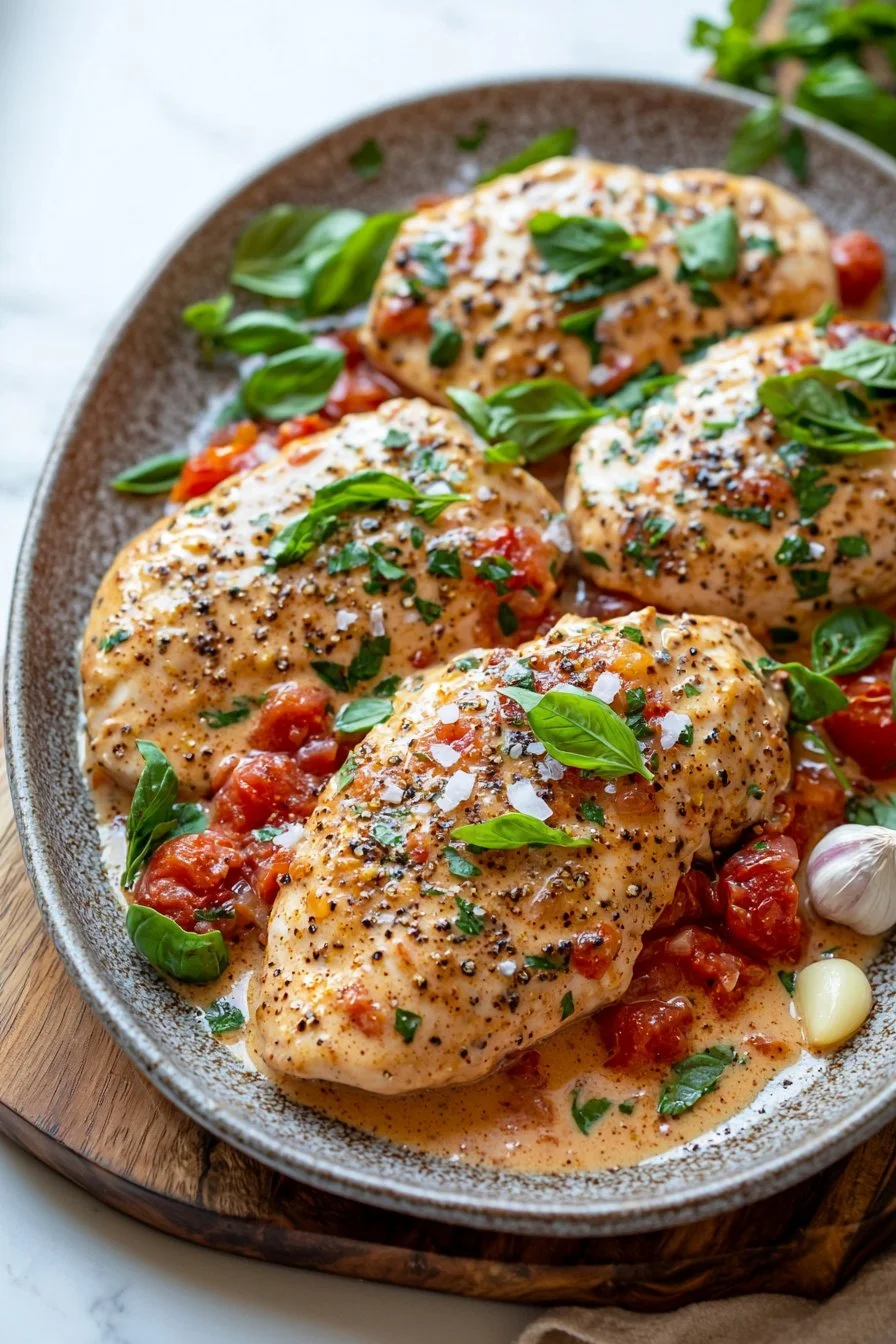 Slow Cooker Creamy Tomato Basil Chicken Breast with fresh herbs and spices