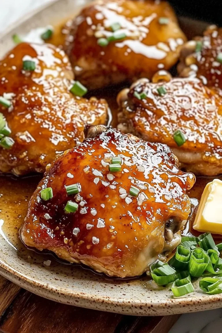 Slow cooker honey garlic butter chicken thighs served with rice and vegetables