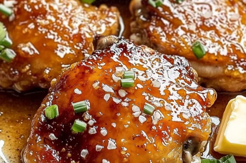 Slow cooker honey garlic butter chicken thighs served with rice and vegetables