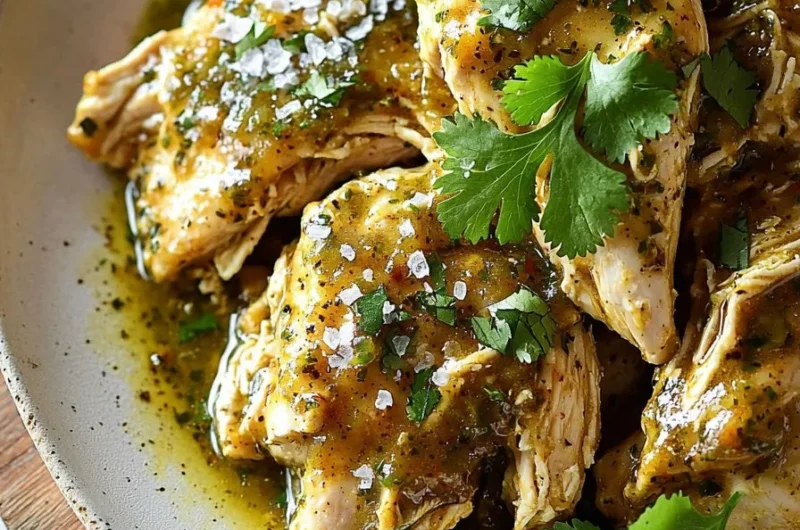 Slow cooker salsa verde chicken in a bowl with fresh cilantro