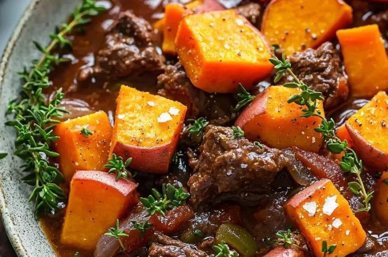 Bowl of slow cooker sweet potato beef stew with fresh herbs on top