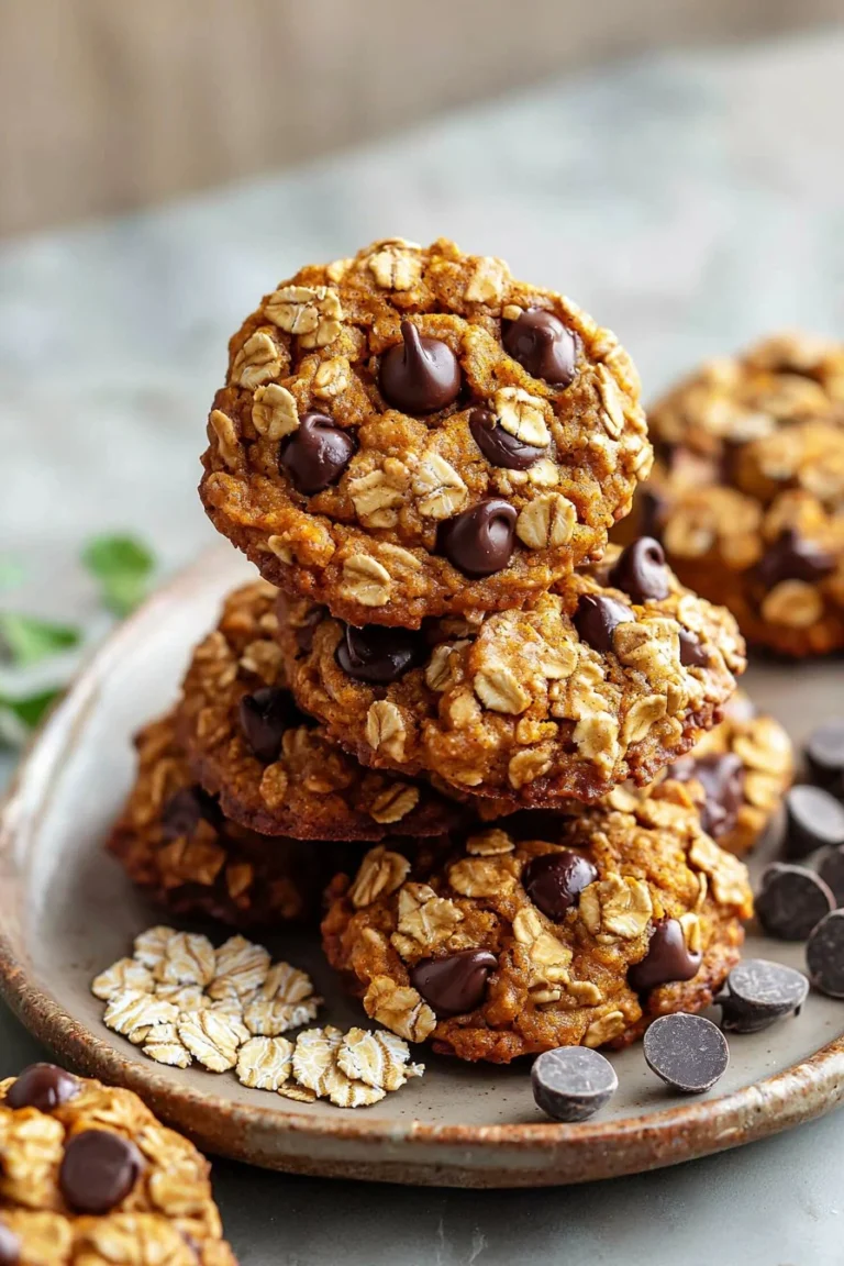 Soft and chewy pumpkin chocolate chip oatmeal cookies on a wooden table
