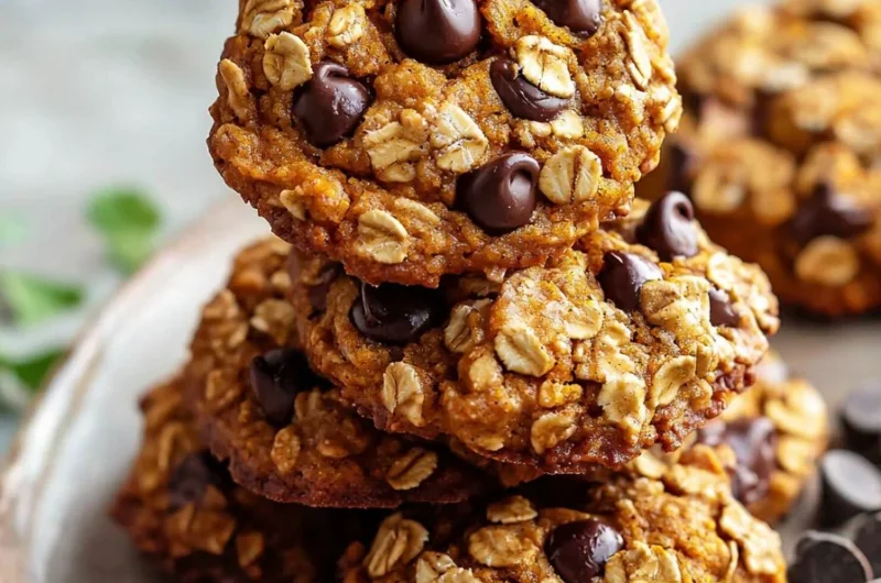 Soft and chewy pumpkin chocolate chip oatmeal cookies on a wooden table
