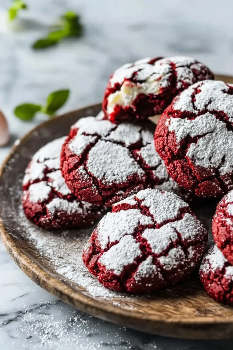 Delicious soft and fudgy red velvet crinkle cookies on a white plate