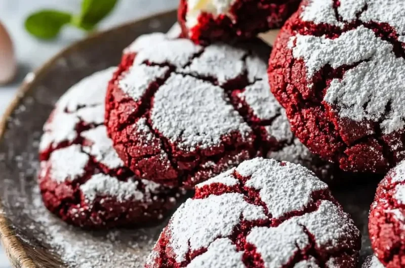Delicious soft and fudgy red velvet crinkle cookies on a white plate