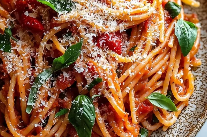 Bowl of Spicy Arrabbiata Pasta with red chili peppers and fresh herbs