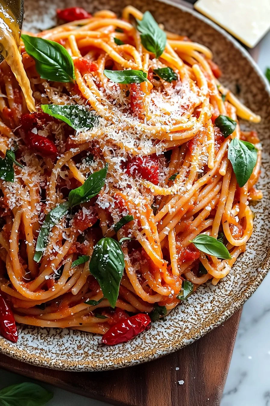 Bowl of Spicy Arrabbiata Pasta with red chili peppers and fresh herbs