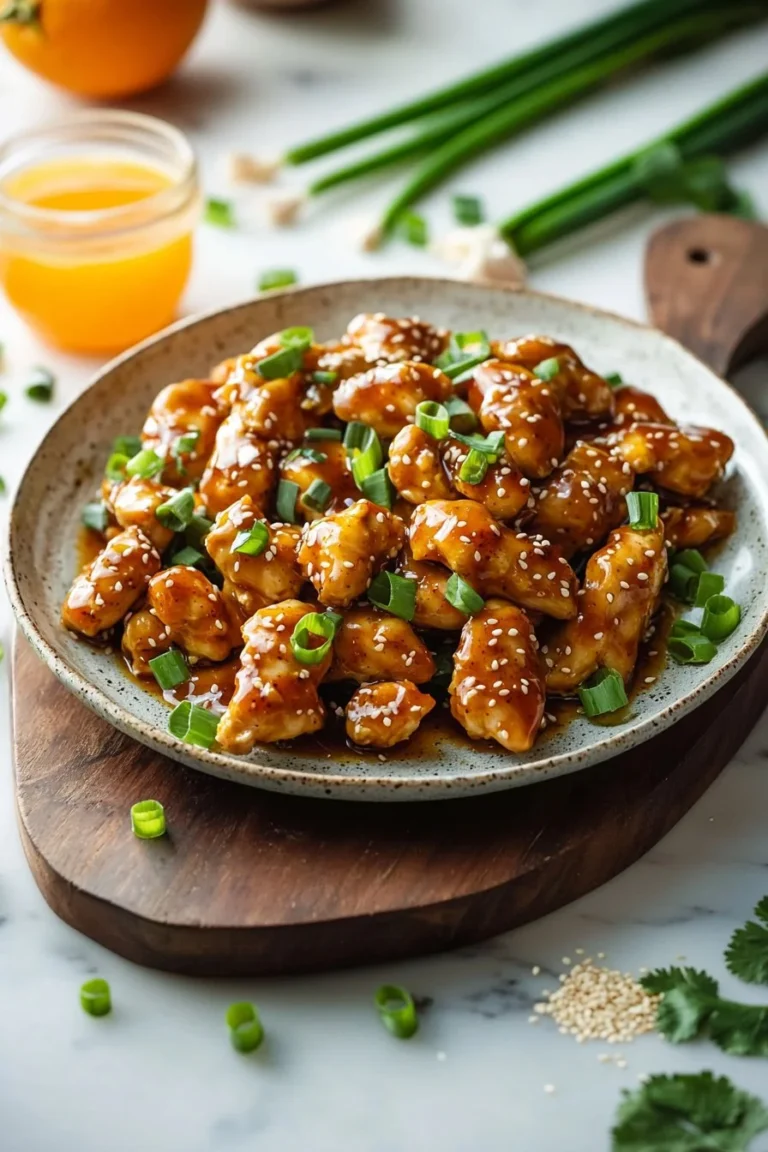 Spicy orange chicken dish garnished and served in a vibrant bowl.