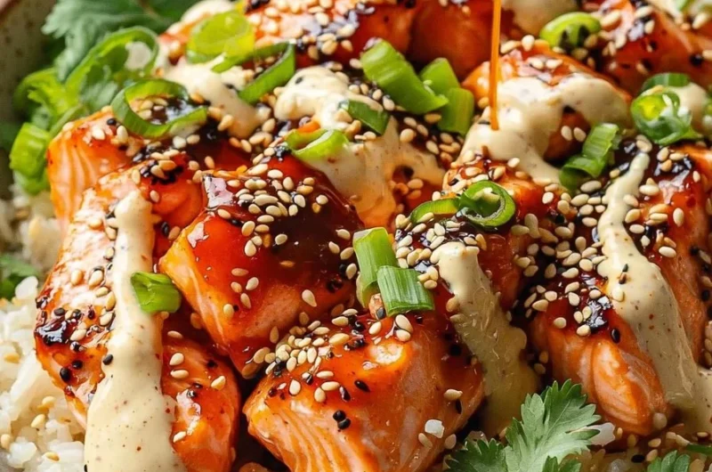 Spicy salmon rice bowl topped with creamy sesame mayo sauce garnished with vegetables.