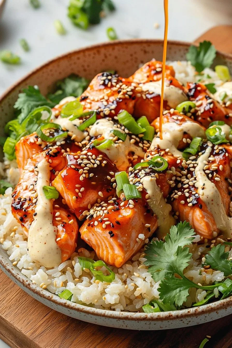 Spicy Salmon Rice Bowl with Creamy Sesame Mayo Sauce